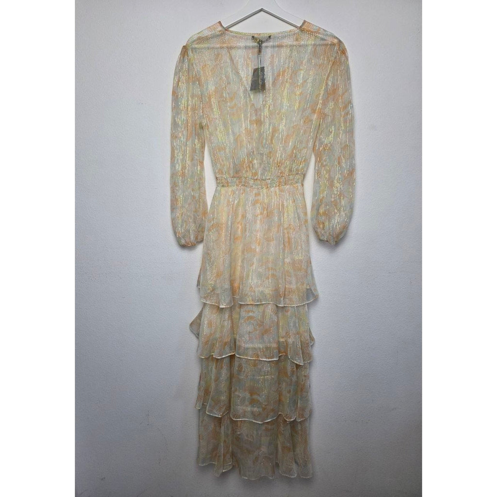 Back view on hanger of Maje Rufflino metallic silk-blend maxi dress