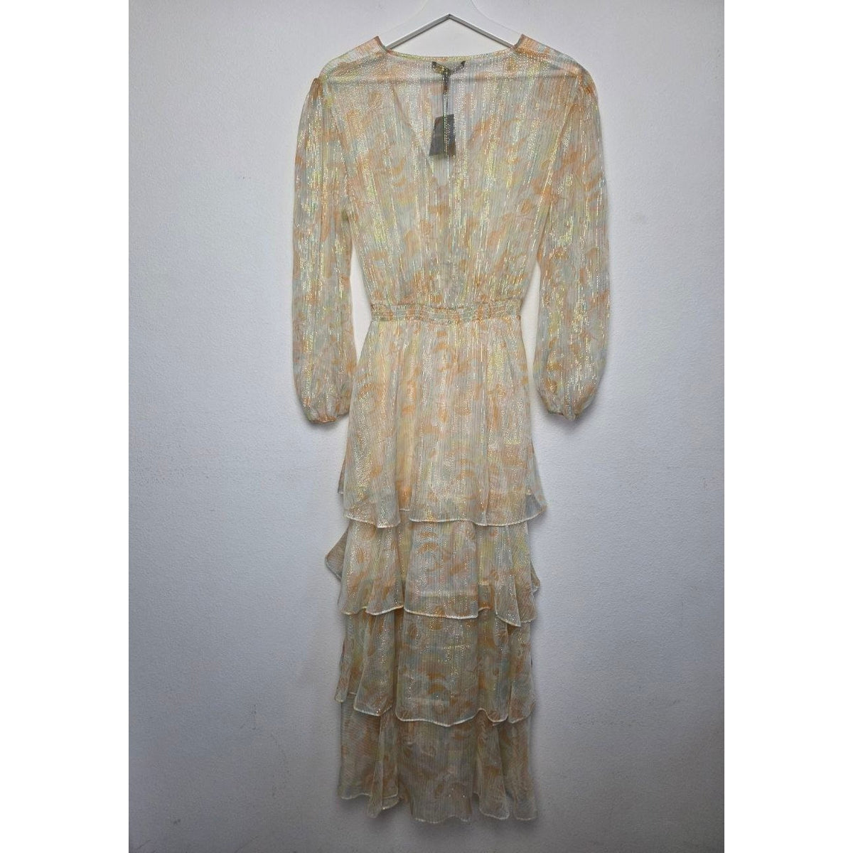 Back view on hanger of Maje Rufflino metallic silk-blend maxi dress