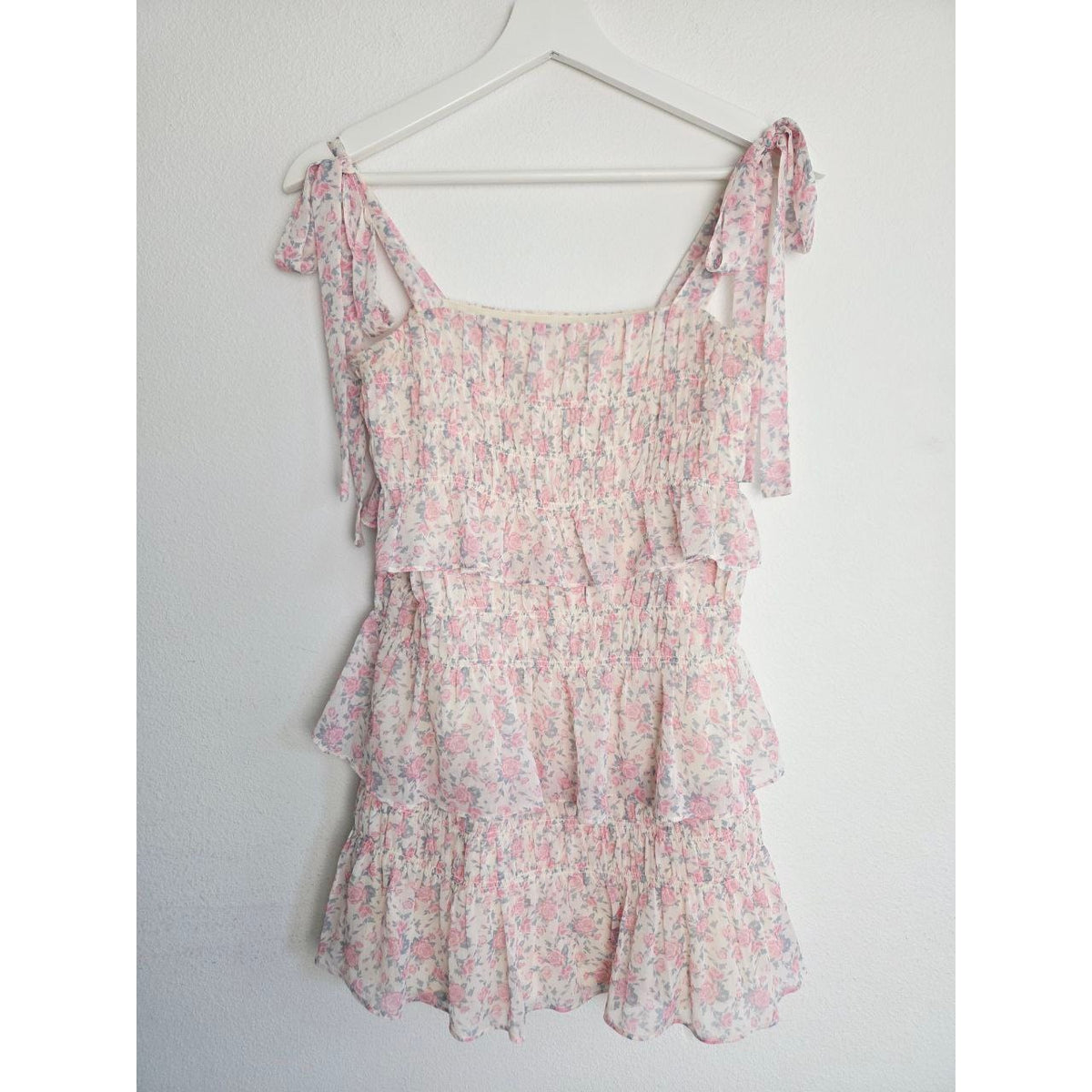 Tularosa Floral Smocked Mini Dress XS Light Pink Cottagecore Gloria Tie Straps