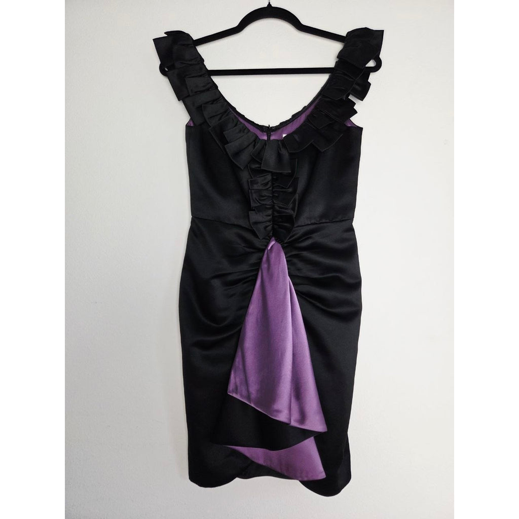 Milly Satin Cocktail Dress 2 XS Black Purple Ruffle Draped Sheath
