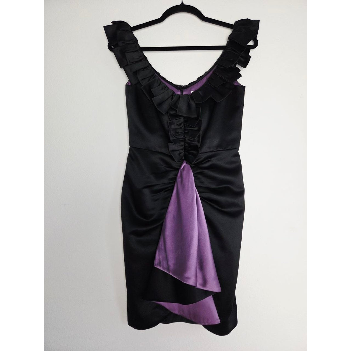 Milly Satin Cocktail Dress 2 XS Black Purple Ruffle Draped Sheath
