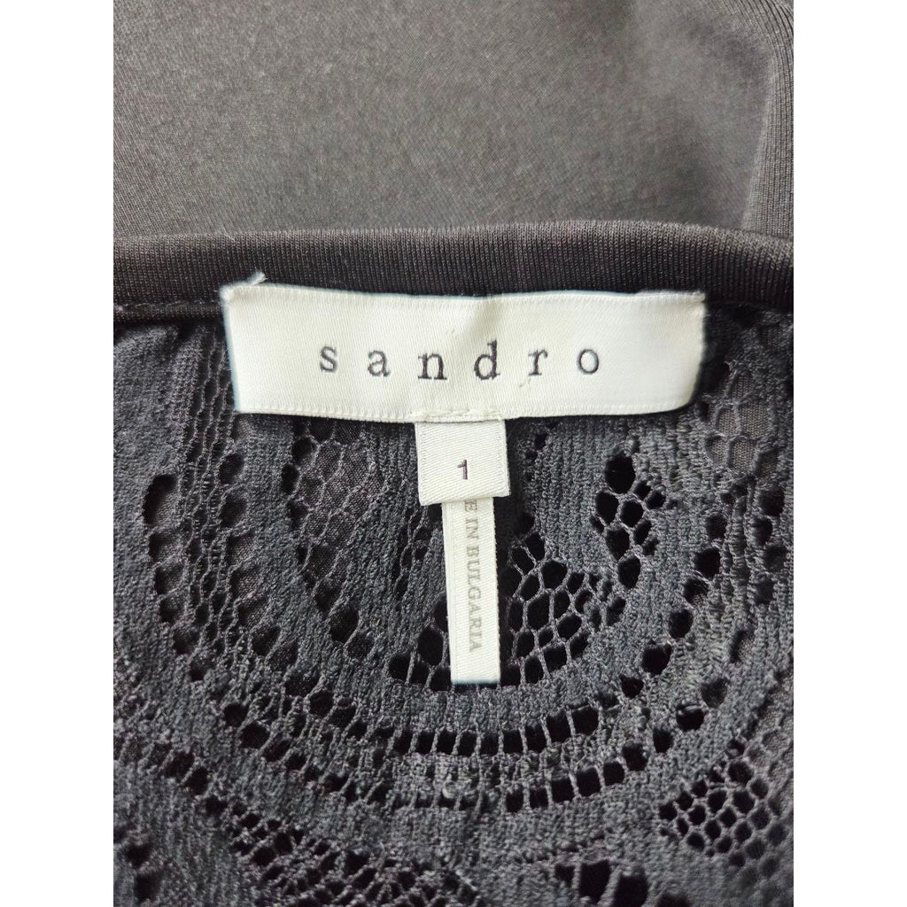 Sandro Black Mini Dress 4 Small Sheath Pencil Short Sleeves Lace Yoke LBD