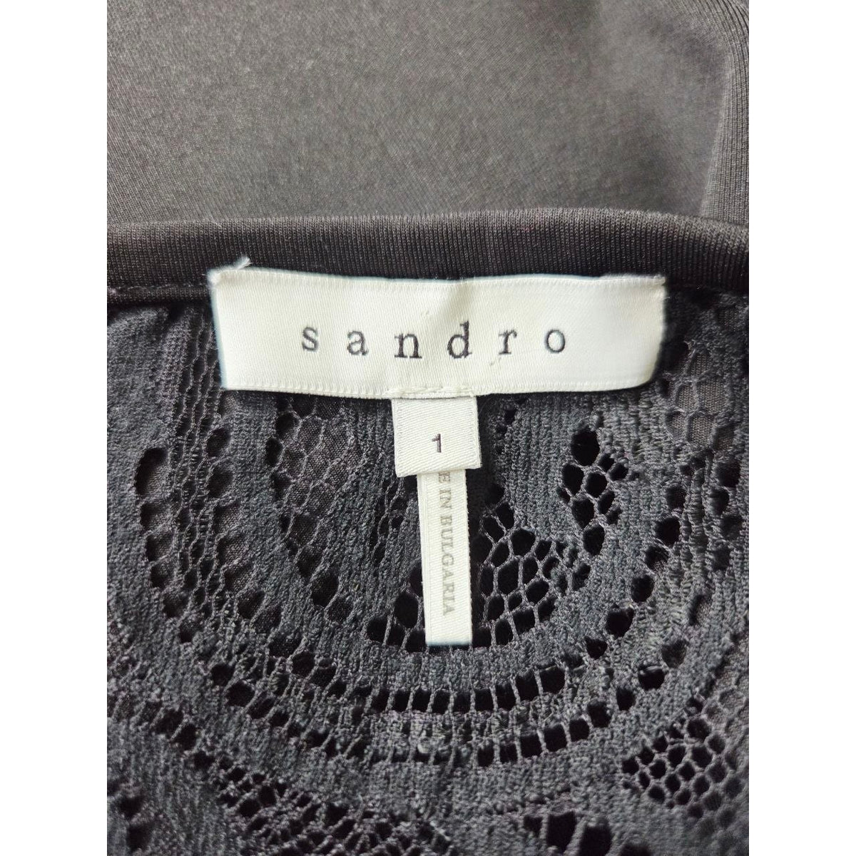 Sandro Black Mini Dress 4 Small Sheath Pencil Short Sleeves Lace Yoke LBD