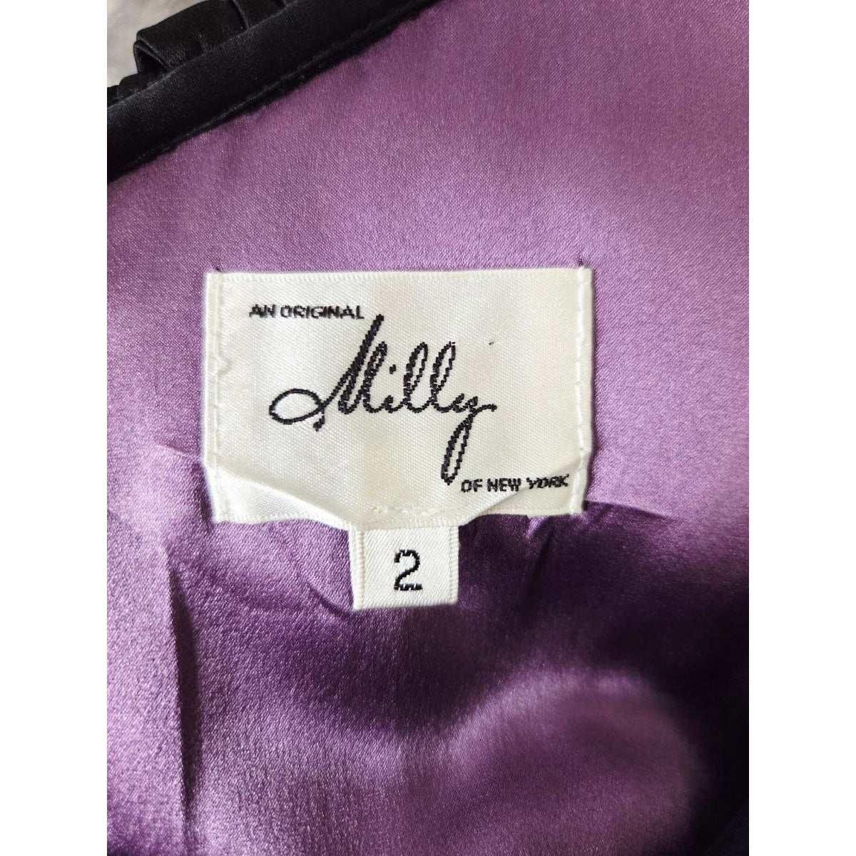 Milly Satin Cocktail Dress 2 XS Black Purple Ruffle Draped Sheath