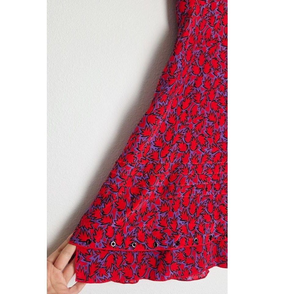 Derek Lam Silk Blend Mini Dress 2 Red Purple Grommet Trim Ruffle Hem Babydoll