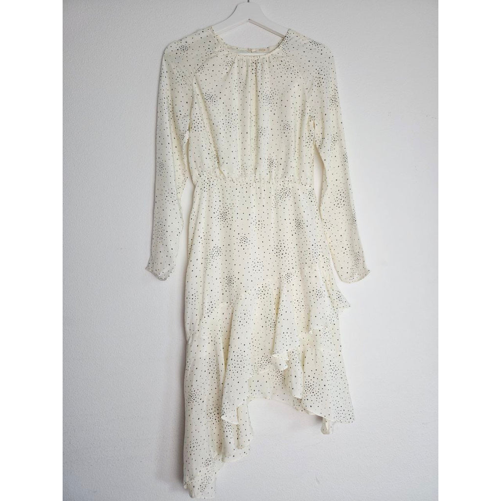Front view on hanger of Maje Reto ecru star-print dress