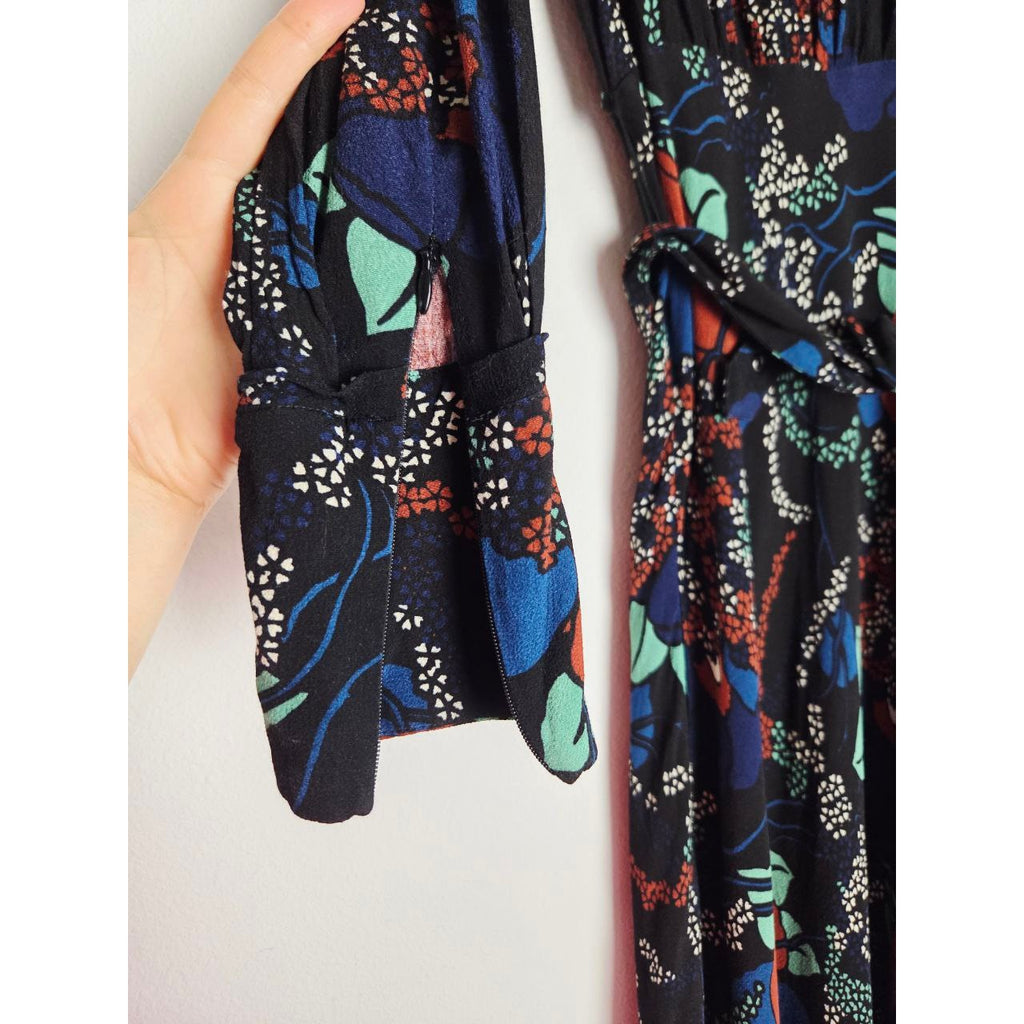 ba&sh Floral Midi Dress 4 XS Abelia Noir Open Back Long Sleeves Belted