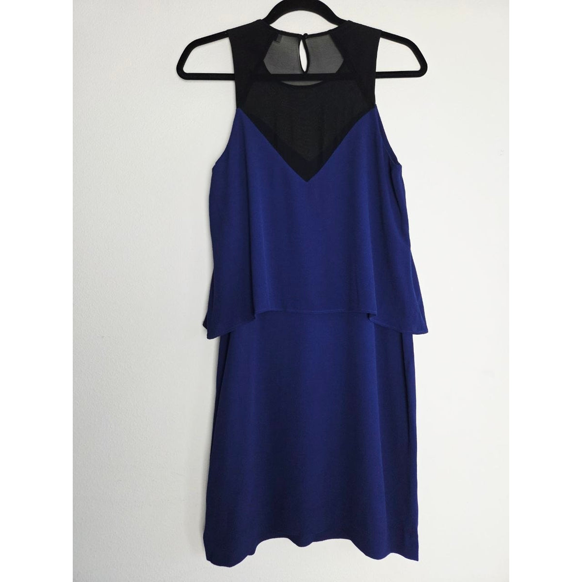 Sandro Paris Romy Dress 6 Medium Cobalt Blue Crepe Sheer Overlay Shift Layered