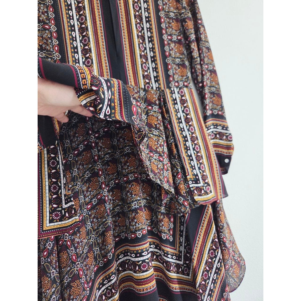 A.L.C. Silk Dress 0 XS Vicky Mini Long Sleeves Scarf Print Asymmetrical Hem Boho
