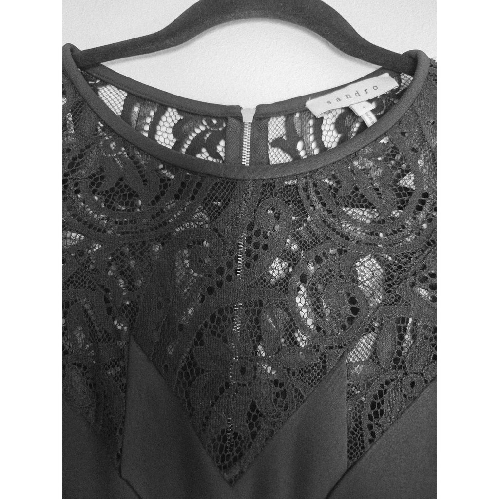 Sandro Black Mini Dress 4 Small Sheath Pencil Short Sleeves Lace Yoke LBD
