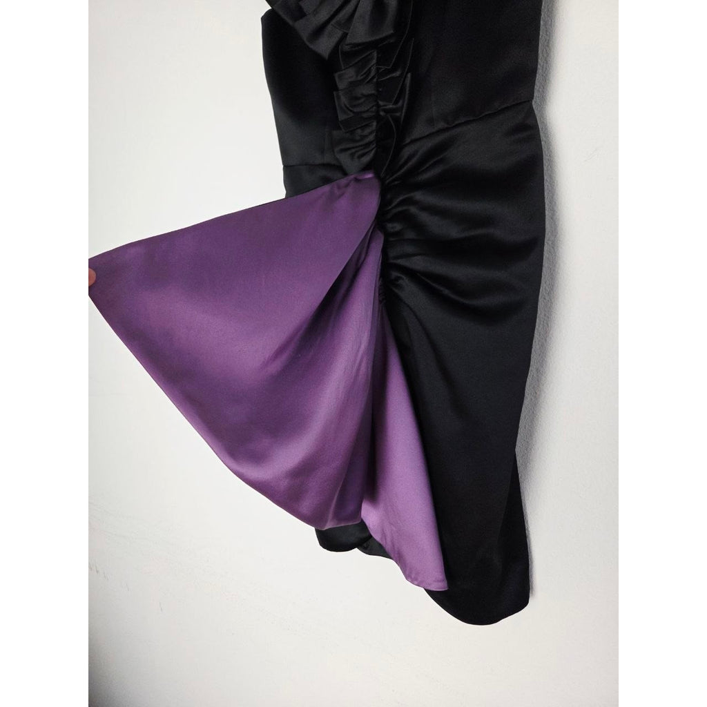 Milly Satin Cocktail Dress 2 XS Black Purple Ruffle Draped Sheath