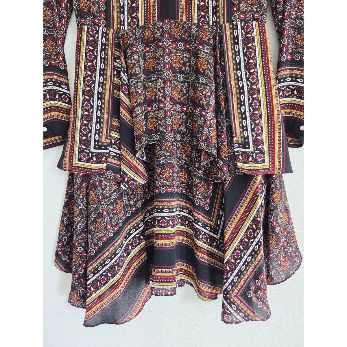 A.L.C. Silk Dress 0 XS Vicky Mini Long Sleeves Scarf Print Asymmetrical Hem Boho