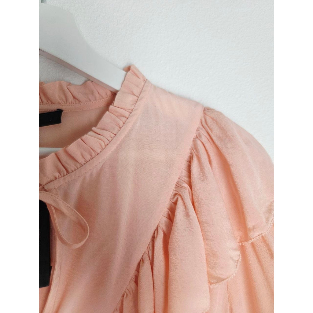 Collar and gathered shoulder close-up of Maje Riava blush mini dress