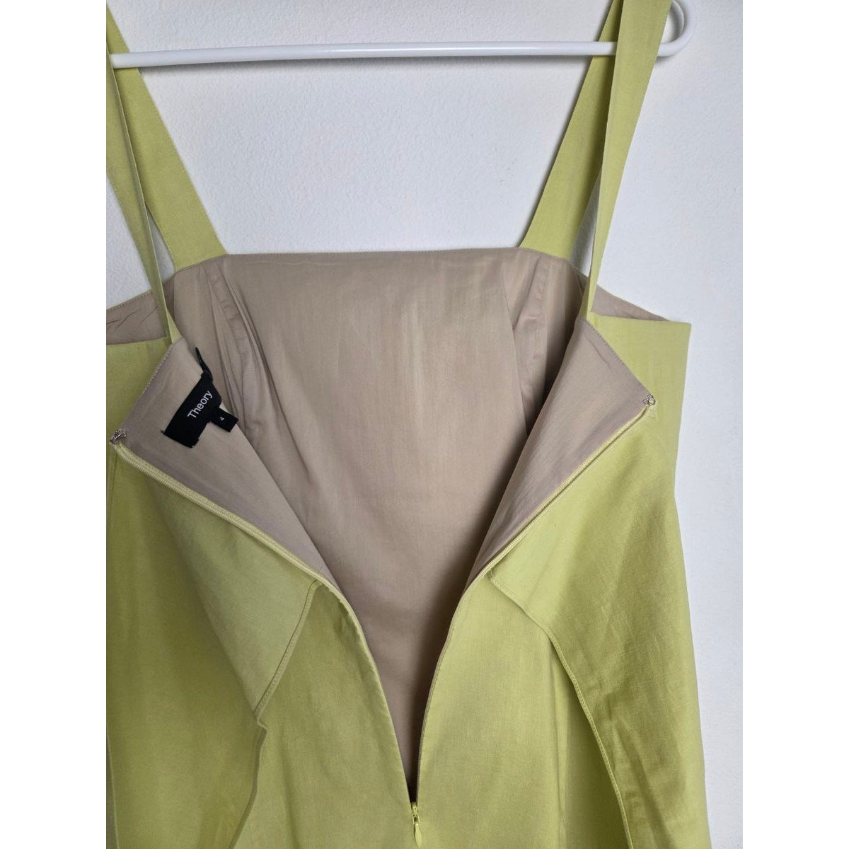 Theory Linen Dress 4 Small Lime Yellow Chartreuse Mini Sleeveless Square Neck