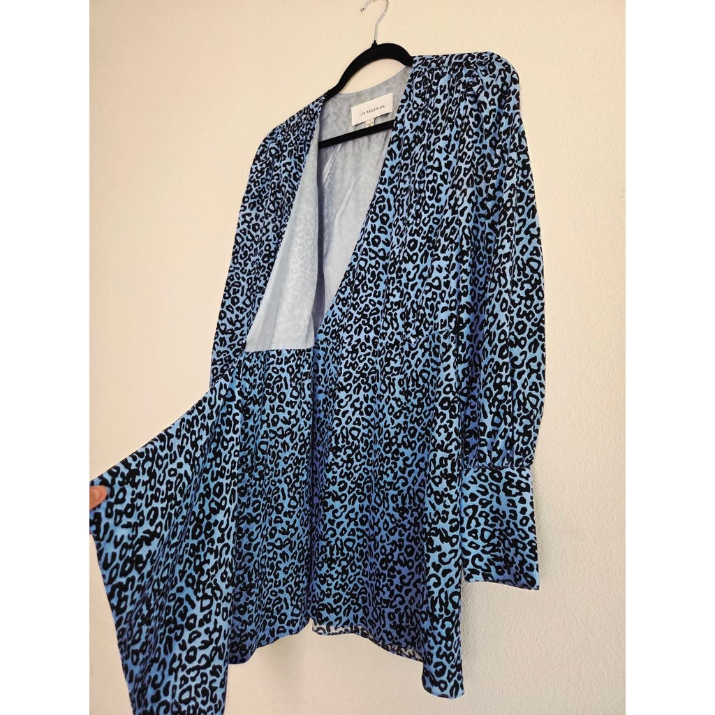 Les Reveries Silk Wrap Dress 2 Blue Leopard 100% Silk Mini Made in USA