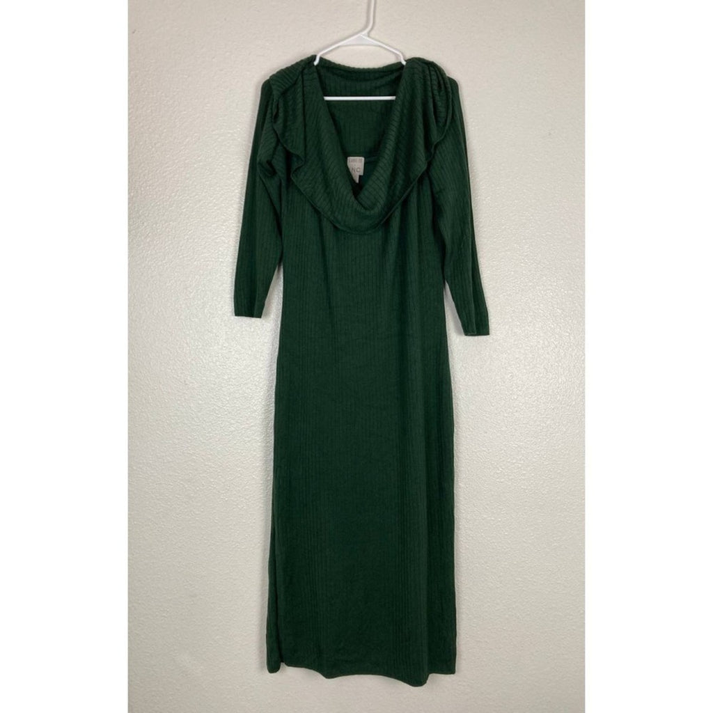 Stretchy Knit Off Shoulder Midi Dress Plus 2X Forest Green Ribbed Long Sleeves