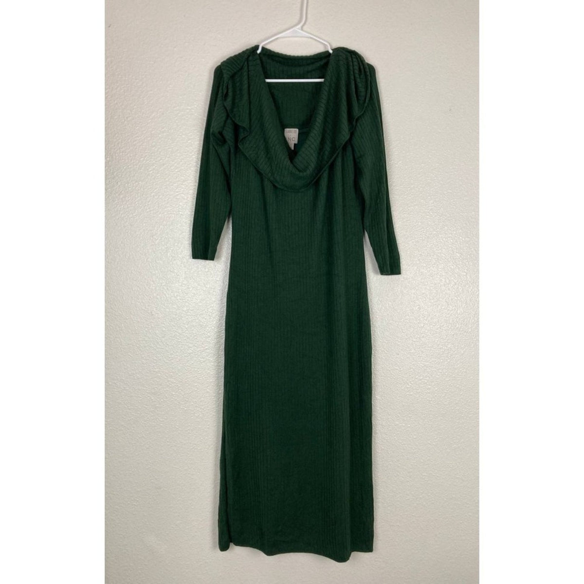 Stretchy Knit Off Shoulder Midi Dress Plus 2X Forest Green Ribbed Long Sleeves