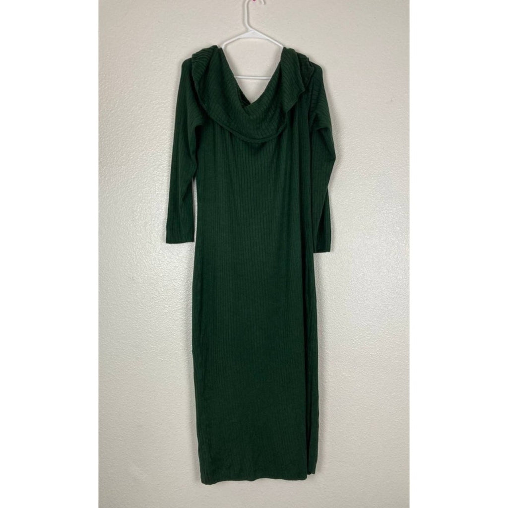 Stretchy Knit Off Shoulder Midi Dress Plus 2X Forest Green Ribbed Long Sleeves