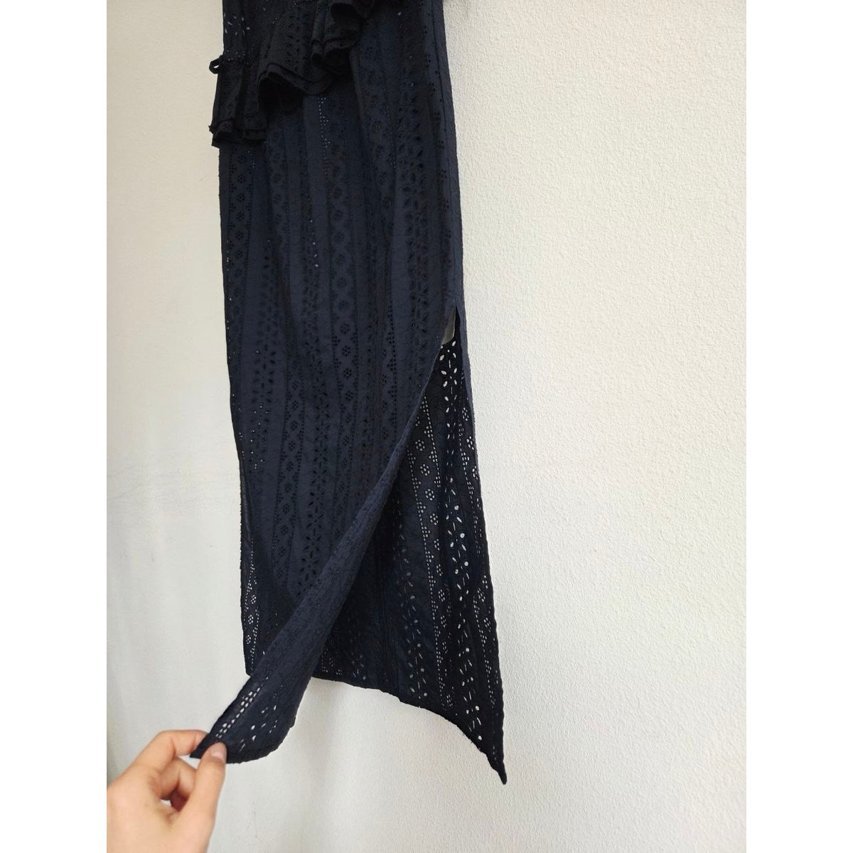 Katharine Kidd Flora Navy Eyelet Midi Dress XS Peplum Side Slit Pockets Made USA