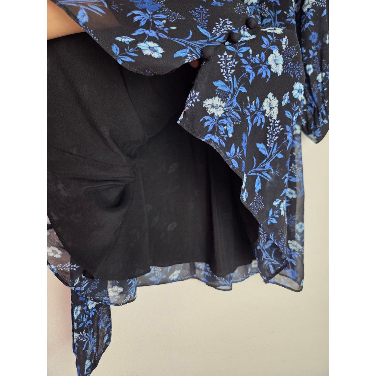 Kooples Floral Mini Dress Small 4 Blue Poppy Silk Look V Neck Wide Tie Waist