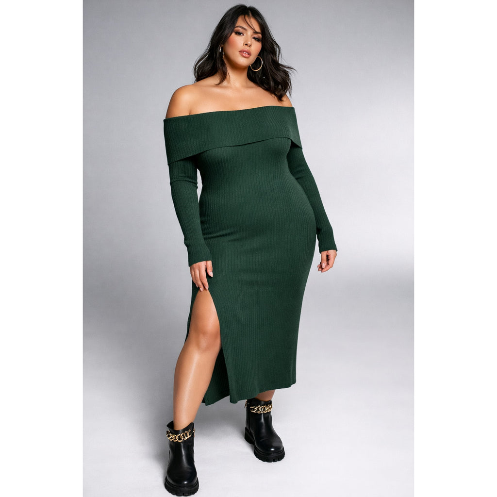 INC Forest Green Ribbed Off-Shoulder Midi Dress Plus 2X