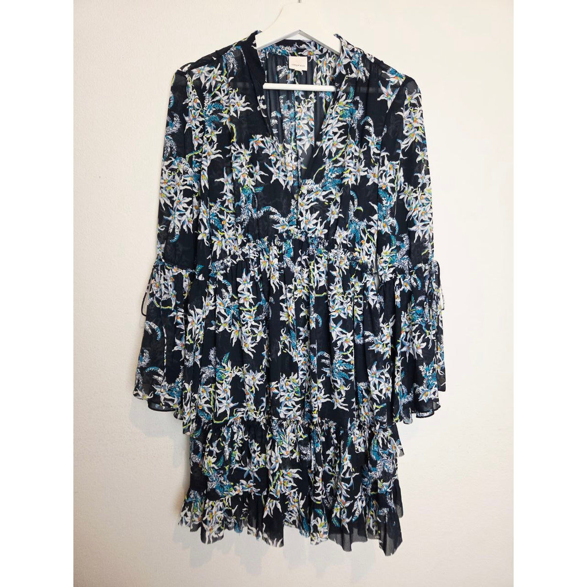 Front view on hanger of Cinq à Sept Lyra navy floral mini dress