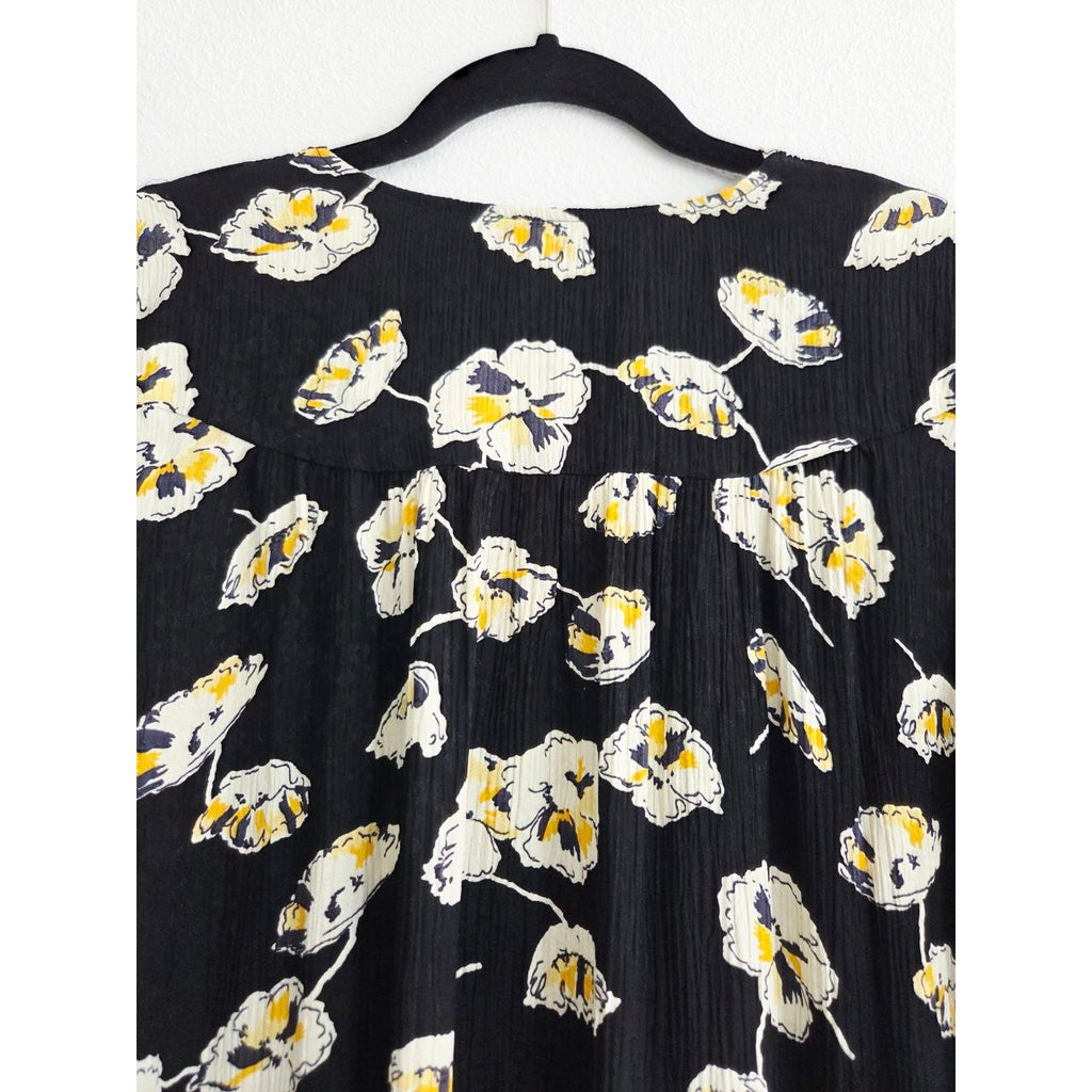 BA&SH Uta Floral Mini Dress 6 Medium Black Crinkled Babydoll Swing Boho
