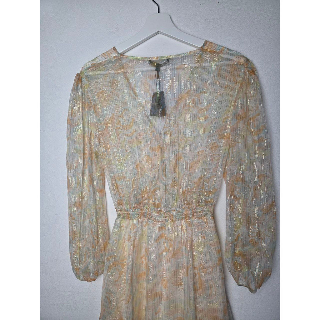 Back bodice and waist of Maje Rufflino metallic silk-blend maxi dress