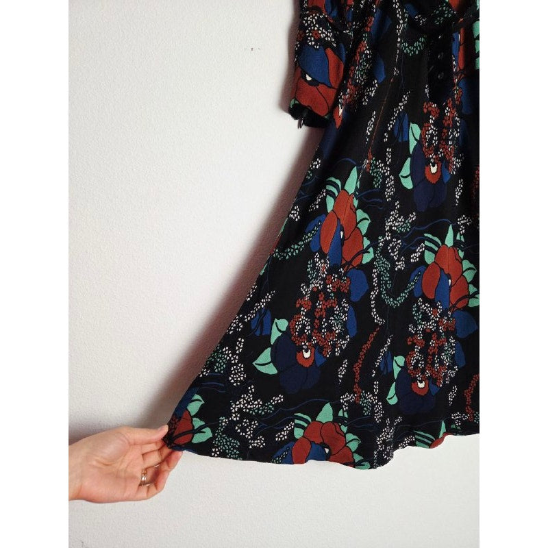 ba&sh Floral Midi Dress 4 XS Abelia Noir Open Back Long Sleeves Belted
