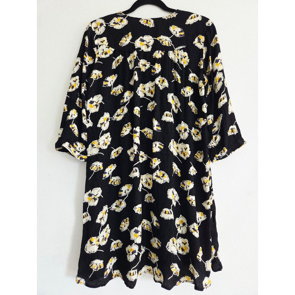BA&SH Uta Floral Mini Dress 6 Medium Black Crinkled Babydoll Swing Boho