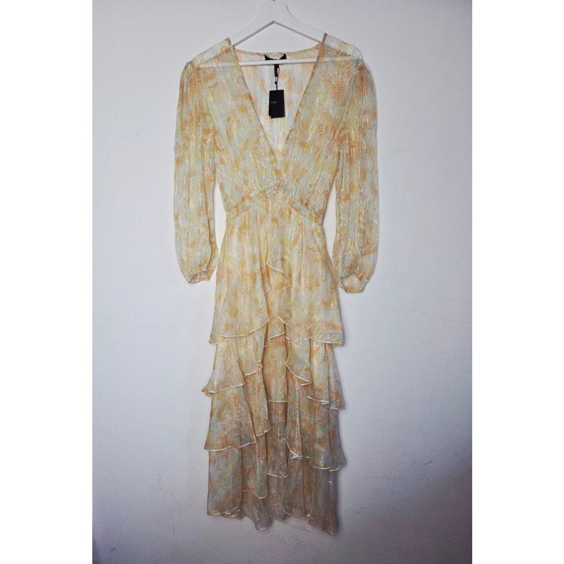 Front view on hanger of Maje Rufflino metallic silk-blend maxi dress