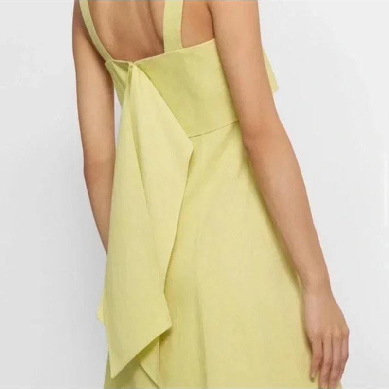 Theory Linen Dress 4 Small Lime Yellow Chartreuse Mini Sleeveless Square Neck