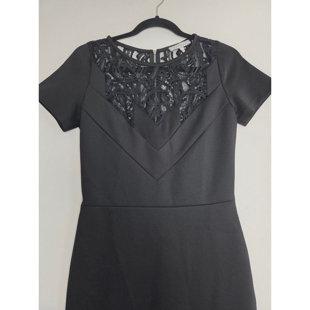 Sandro Black Mini Dress 4 Small Sheath Pencil Short Sleeves Lace Yoke LBD