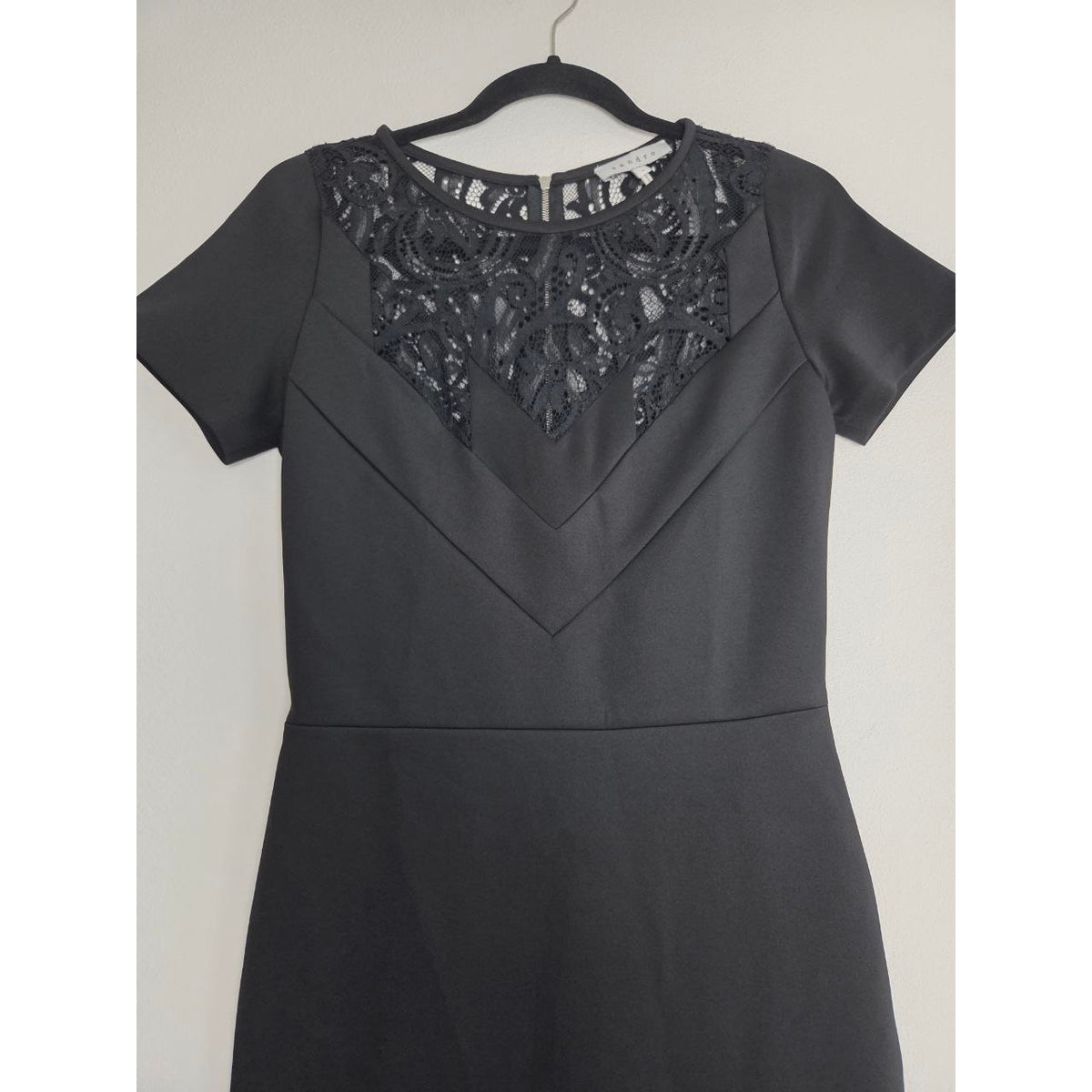 Sandro Black Mini Dress 4 Small Sheath Pencil Short Sleeves Lace Yoke LBD