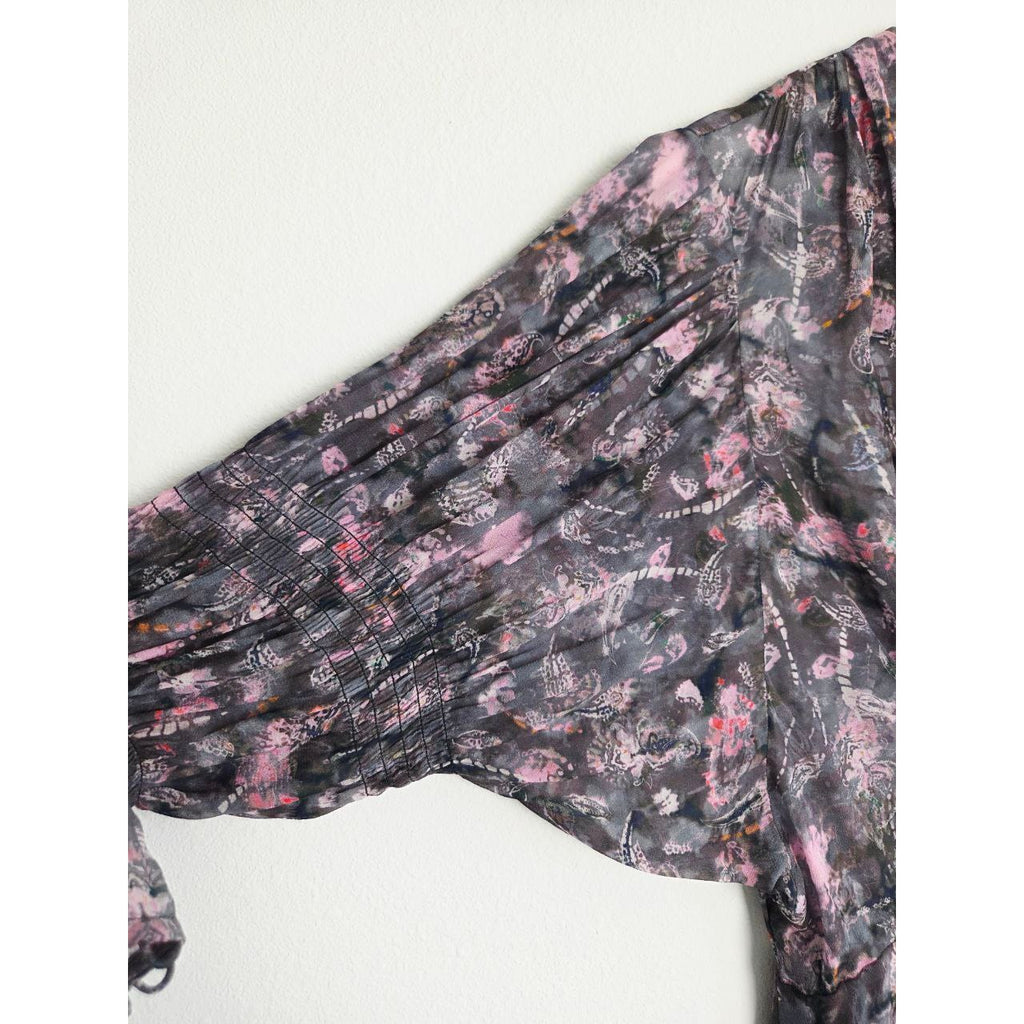 IRO Lolly Chiffon Mini Dress EU 34 XS 2 Black Pink Ruffle Bell Sleeve