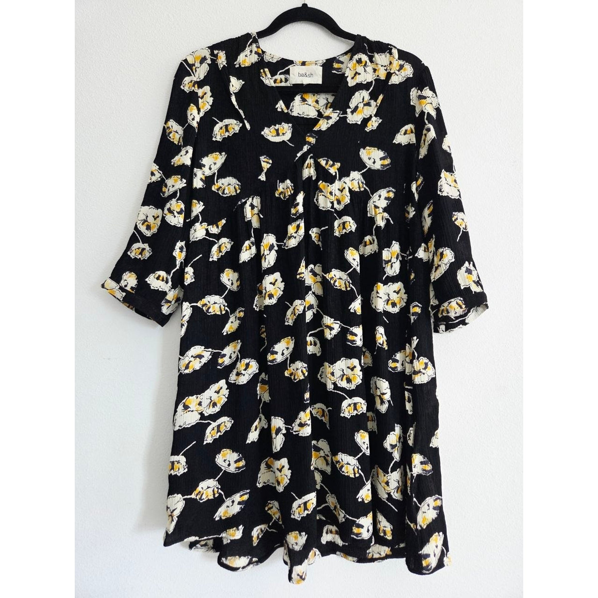 BA&SH Uta Floral Mini Dress 6 Medium Black Crinkled Babydoll Swing Boho