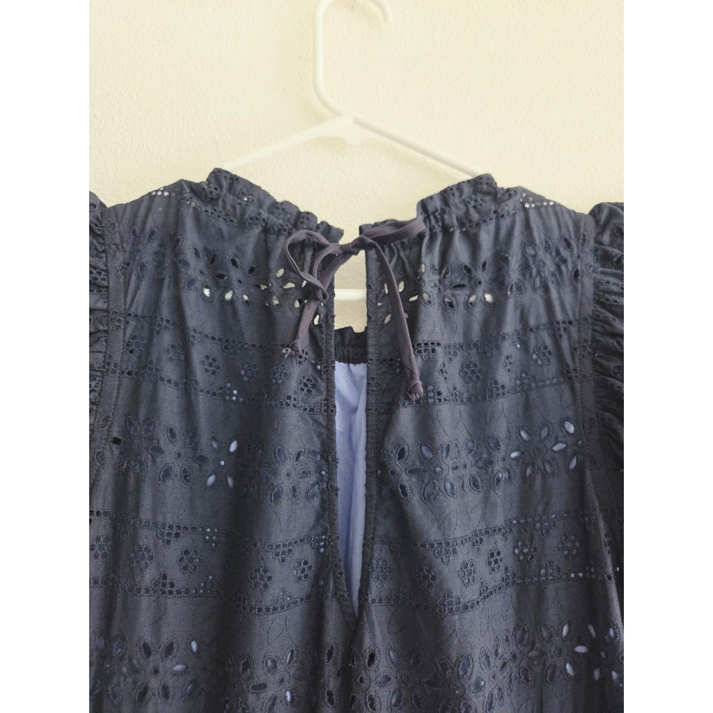 Katharine Kidd Flora Navy Eyelet Midi Dress XS Peplum Side Slit Pockets Made USA