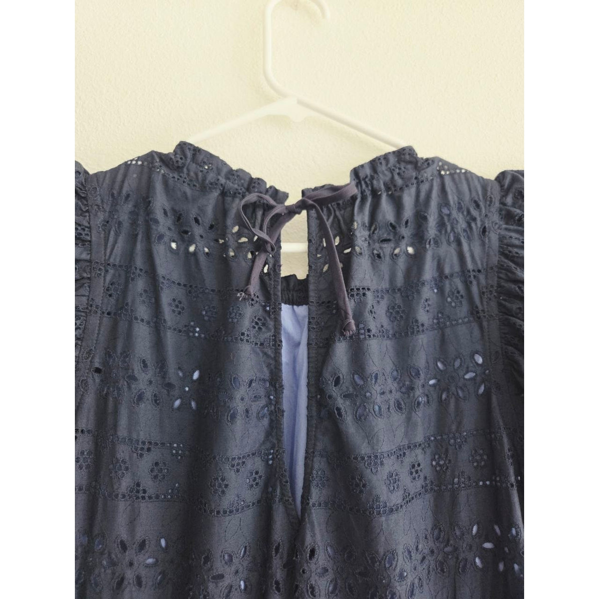 Katharine Kidd Flora Navy Eyelet Midi Dress XS Peplum Side Slit Pockets Made USA