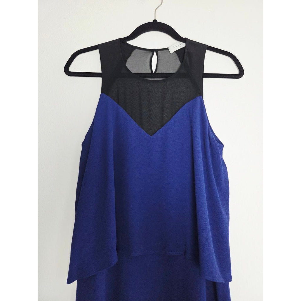Sandro Paris Romy Dress 6 Medium Cobalt Blue Crepe Sheer Overlay Shift Layered