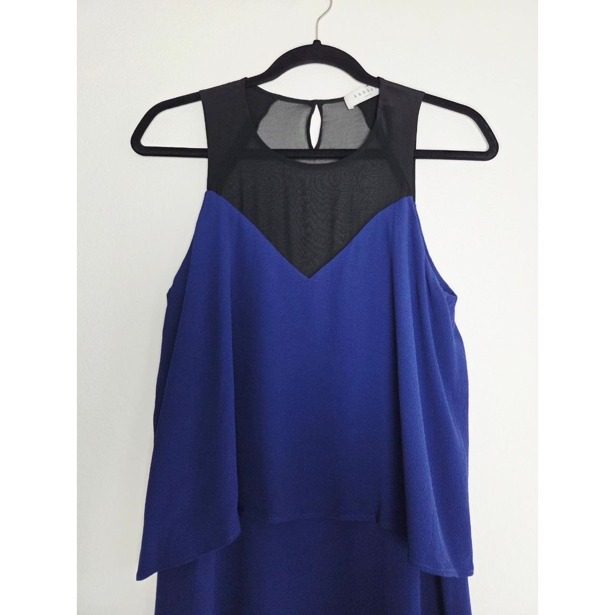 Sandro Paris Romy Dress 6 Medium Cobalt Blue Crepe Sheer Overlay Shift Layered