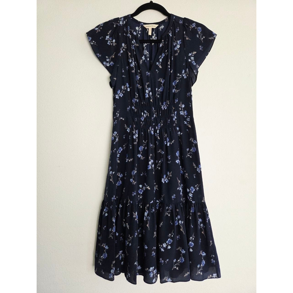 Rebecca Taylor Silk Dress 0 XS Navy Blue Floral Francine 100% Silk Mini Dress