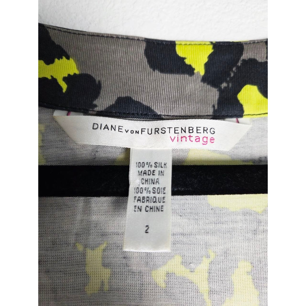 Diane von Furstenberg 100% Silk Dress 2 Yellow Leopard Laetitia 3/4 Sleeve