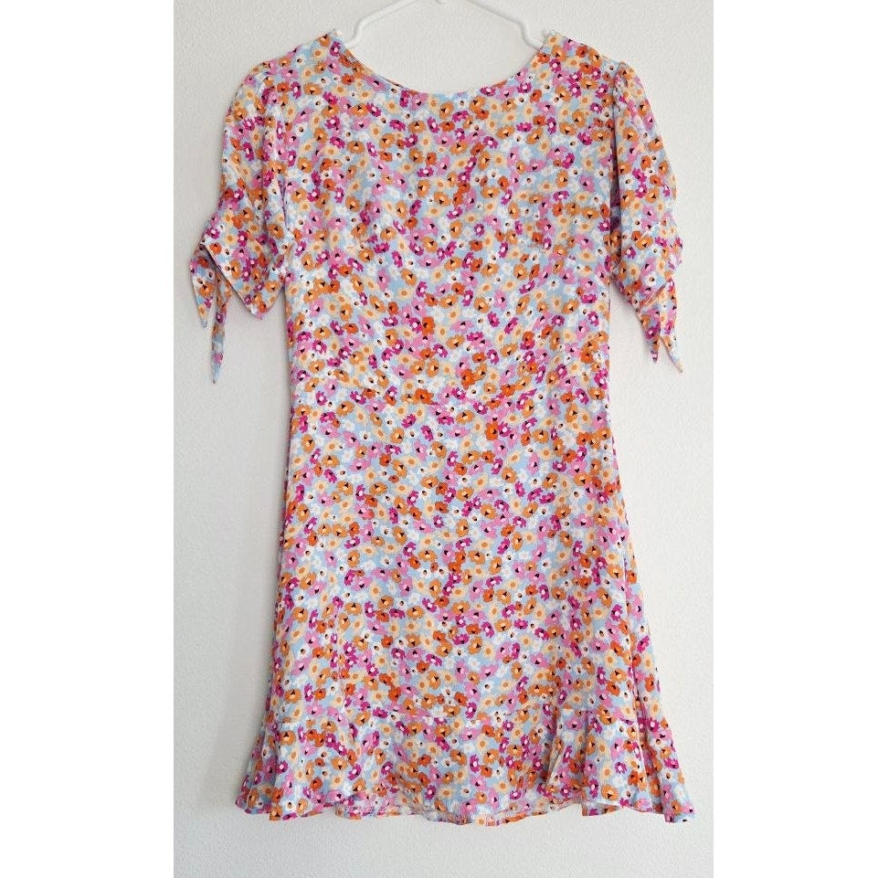 Faithfull The Brand Daphne Mini Dress XS 2 Turnesol Floral Tie Sleeve Ruffle Hem