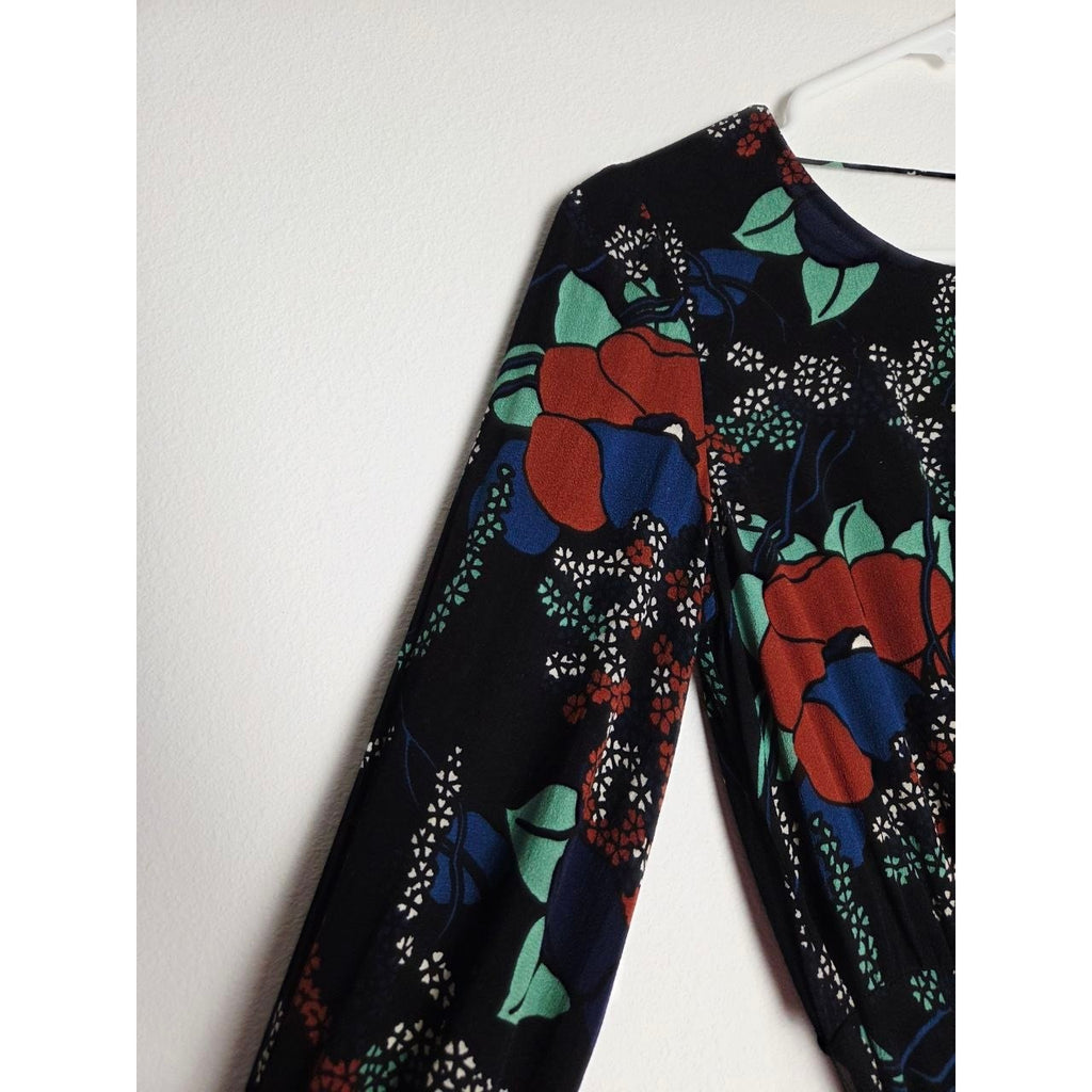 ba&sh Floral Midi Dress 4 XS Abelia Noir Open Back Long Sleeves Belted