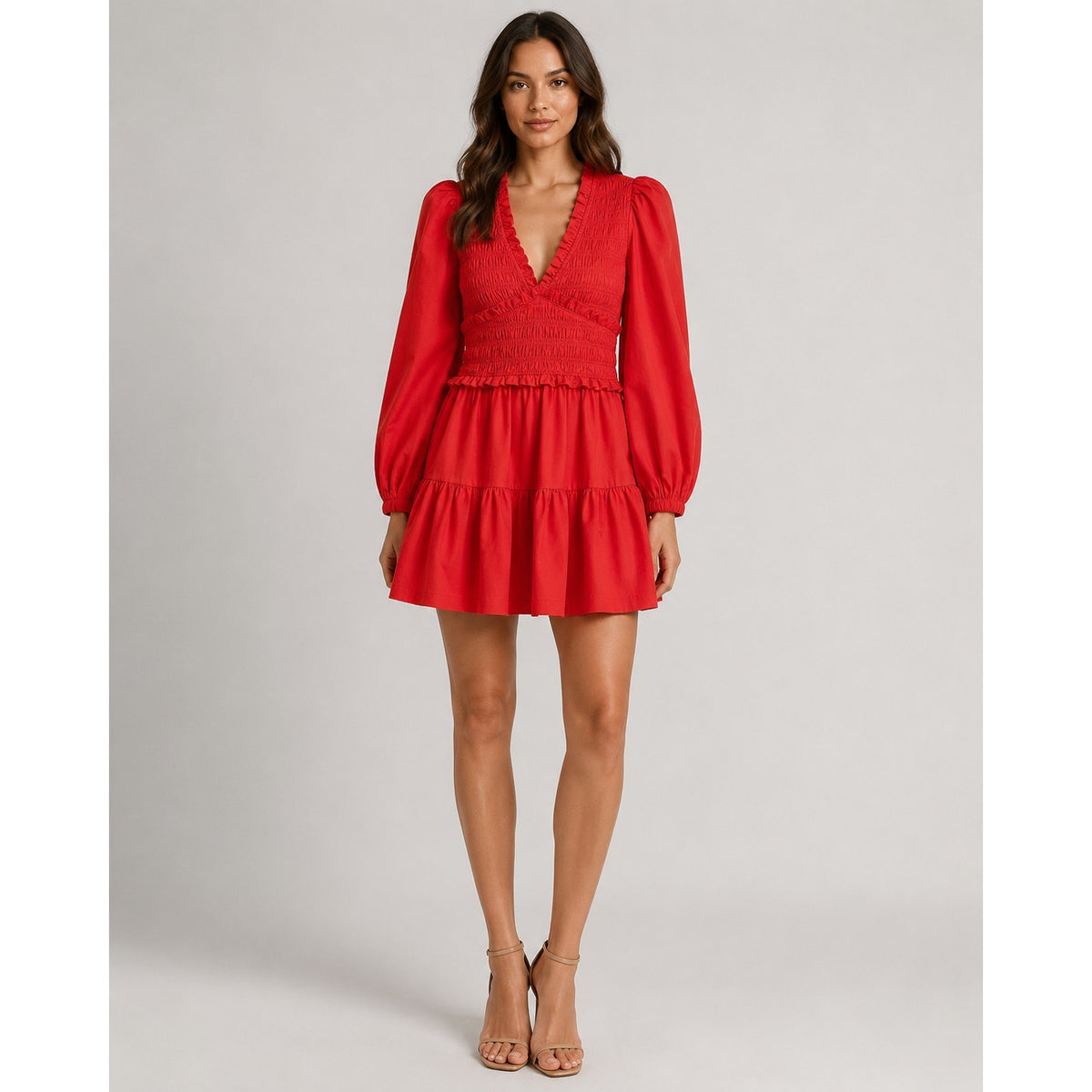 Sea New York Red Smocked Puff-Sleeve Mini Dress Size 4