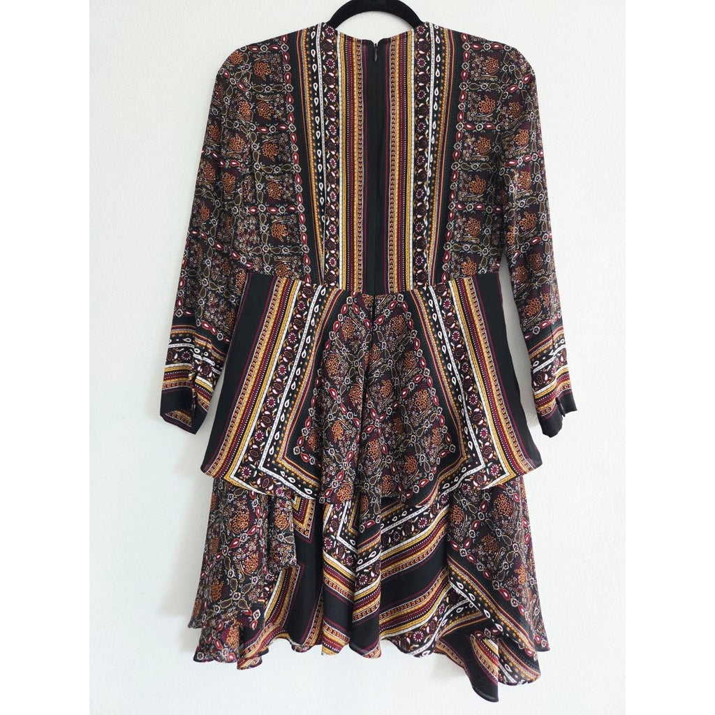 A.L.C. Silk Dress 0 XS Vicky Mini Long Sleeves Scarf Print Asymmetrical Hem Boho