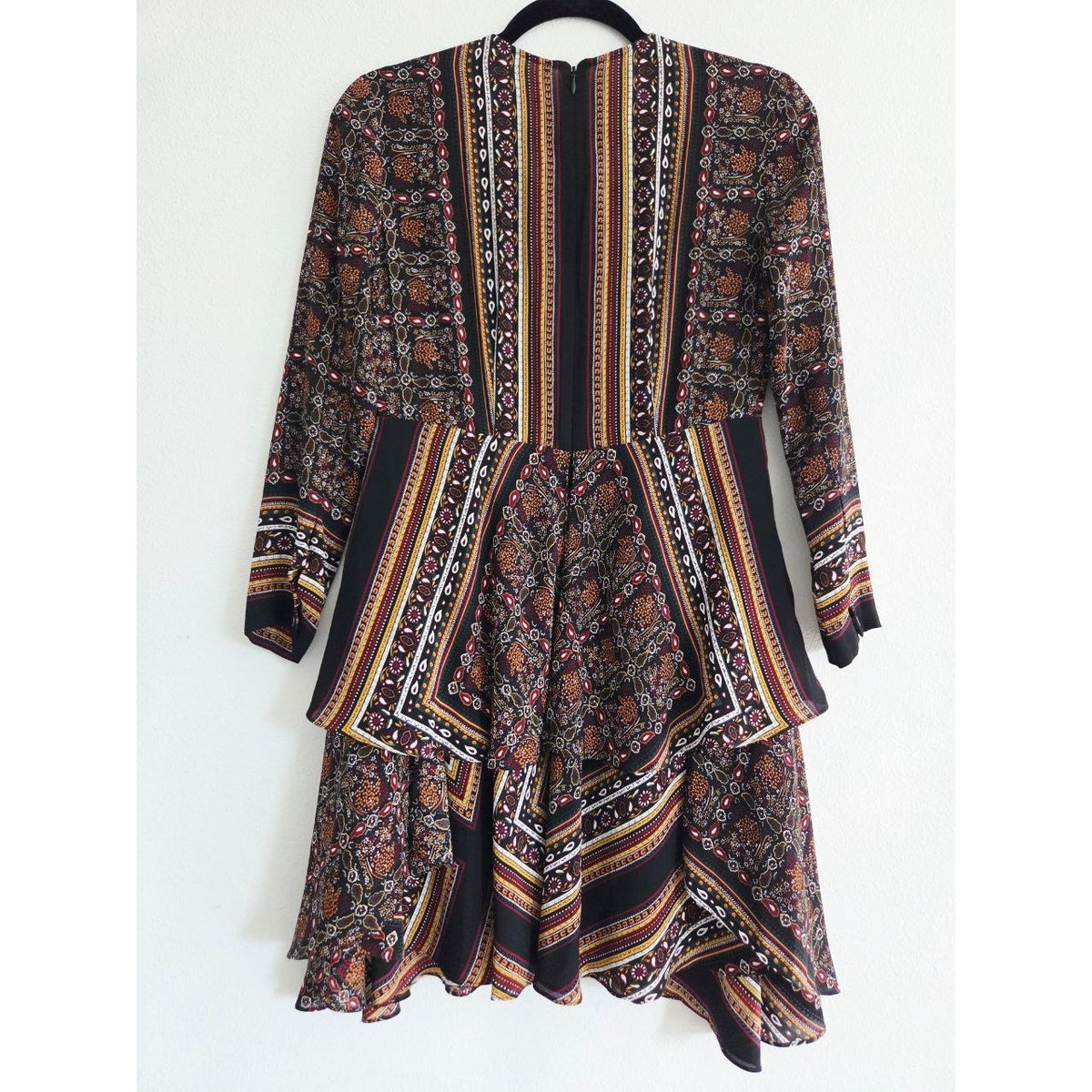 A.L.C. Silk Dress 0 XS Vicky Mini Long Sleeves Scarf Print Asymmetrical Hem Boho