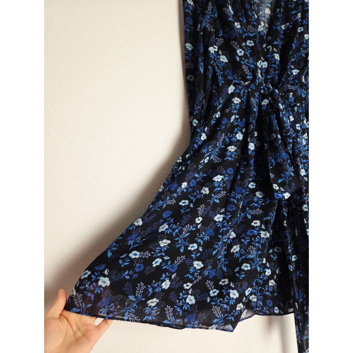 Kooples Floral Mini Dress Small 4 Blue Poppy Silk Look V Neck Wide Tie Waist