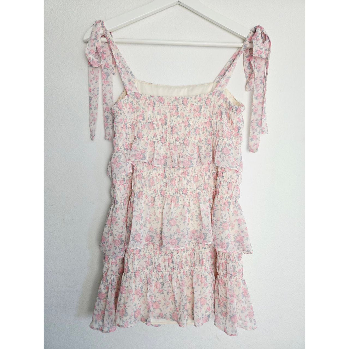 Tularosa Floral Smocked Mini Dress XS Light Pink Cottagecore Gloria Tie Straps