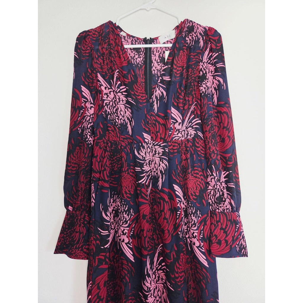 A.L.C. Bailey Silk Dress 0 XS Floral Long Sleeve Midi Side Pocket Skirt Slit NWT